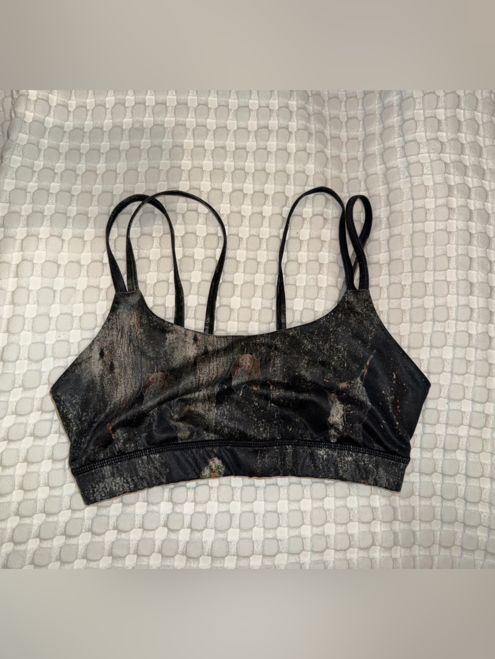 ALO Yoga Black and Beige Athletic Bra with Subtle Print